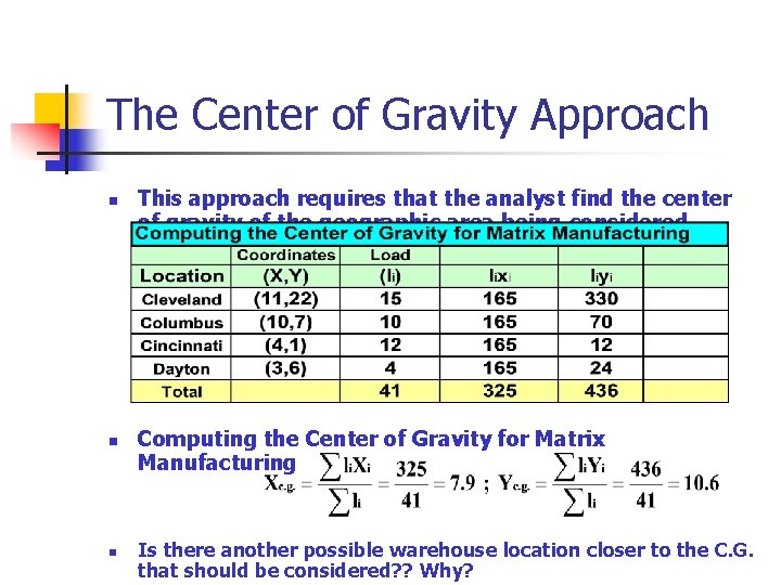 The Center of Gravity Approach n n n This approach requires that the analyst