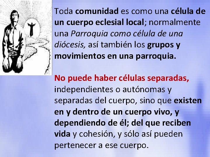Toda comunidad es como una célula de un cuerpo eclesial local; normalmente una Parroquia