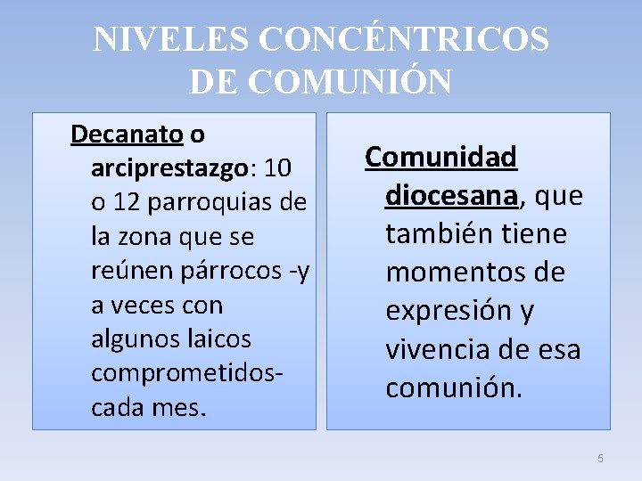 NIVELES CONCÉNTRICOS DE COMUNIÓN Decanato o arciprestazgo: 10 o 12 parroquias de la zona