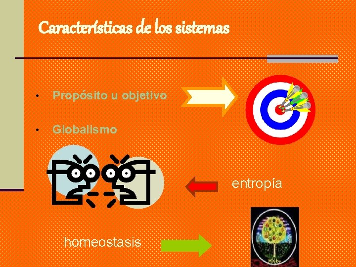 Características de los sistemas • Propósito u objetivo • Globalismo entropía homeostasis 