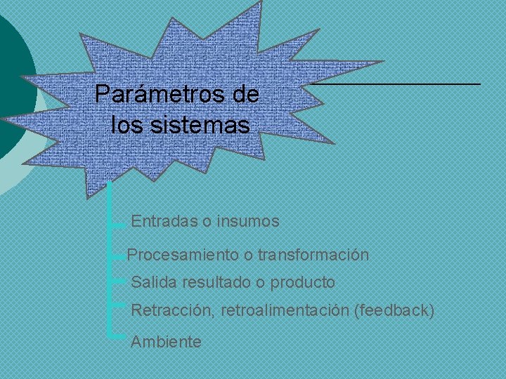 Parámetros de los sistemas Entradas o insumos Procesamiento o transformación Salida resultado o producto