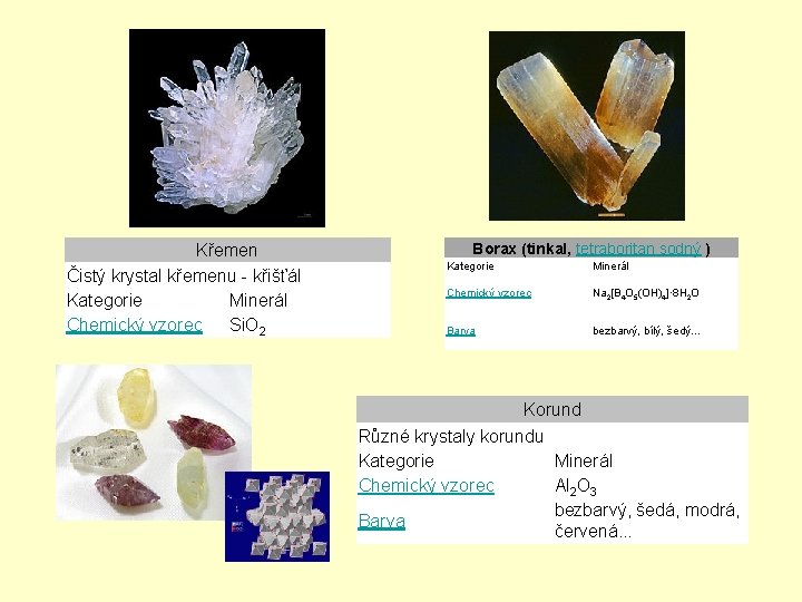 Křemen Čistý krystal křemenu - křišťál Kategorie Minerál Chemický vzorec Si. O 2 Borax