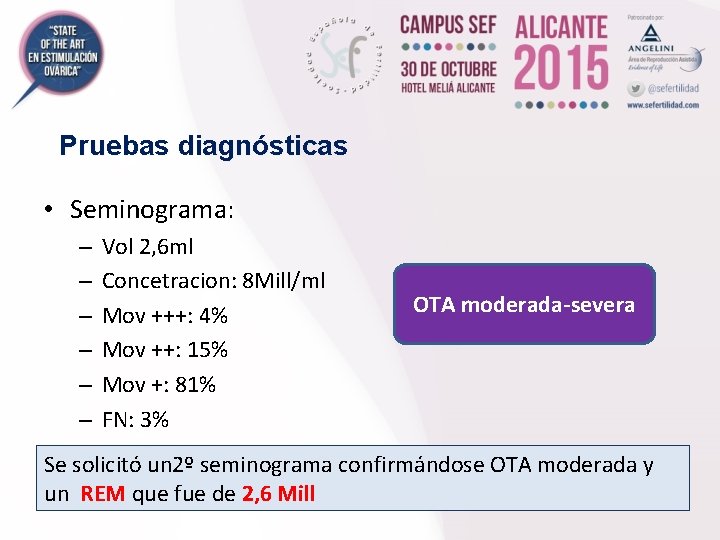 Pruebas diagnósticas • Seminograma: – – – Vol 2, 6 ml Concetracion: 8 Mill/ml