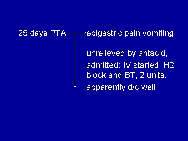 25 days PTA epigastric pain vomiting unrelieved by antacid, admitted: IV started, H 2