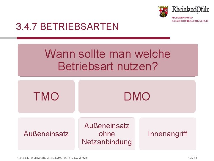 3. 4. 7 BETRIEBSARTEN Wann sollte man welche Betriebsart nutzen? DMO TMO Außeneinsatz ohne