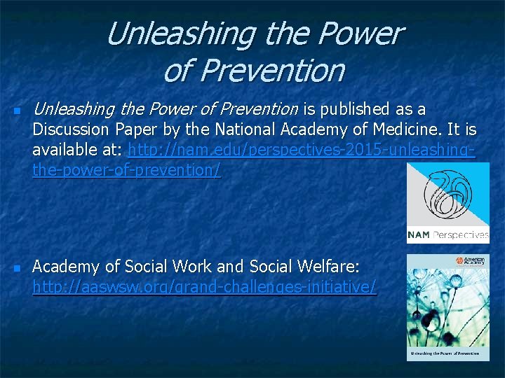Unleashing the Power of Prevention is published as a Discussion Paper by the National Unleashing the Power of Prevention is published as a Discussion Paper by the National