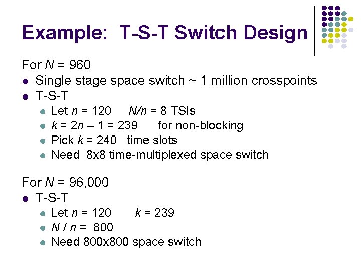 Example: T-S-T Switch Design For N = 960 l Single stage space switch ~