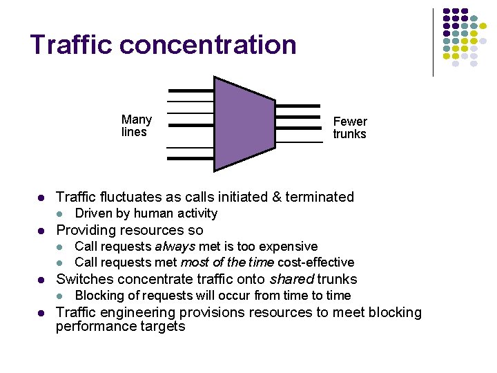 Traffic concentration Many lines l Traffic fluctuates as calls initiated & terminated l l