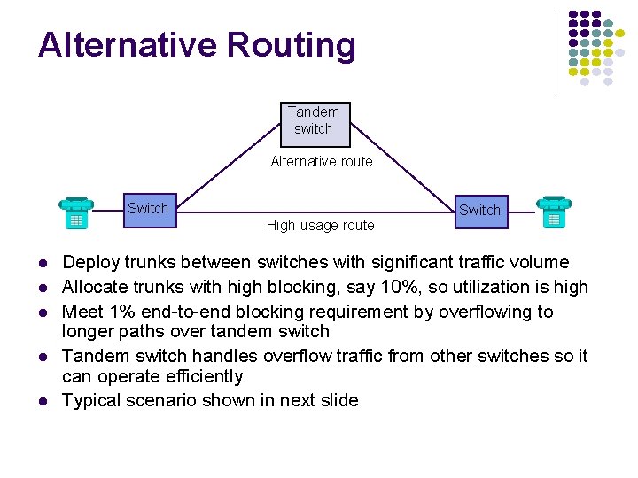 Alternative Routing Tandem switch Alternative route Switch High-usage route l l l Switch Deploy