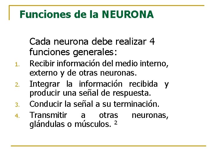 Funciones de la NEURONA Cada neurona debe realizar 4 funciones generales: 1. 2. 3.