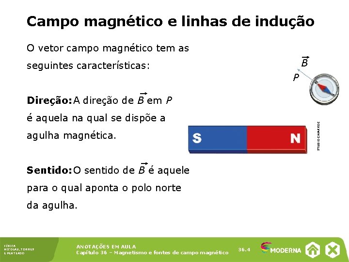 Campo magnético e linhas de indução O vetor campo magnético tem as B seguintes