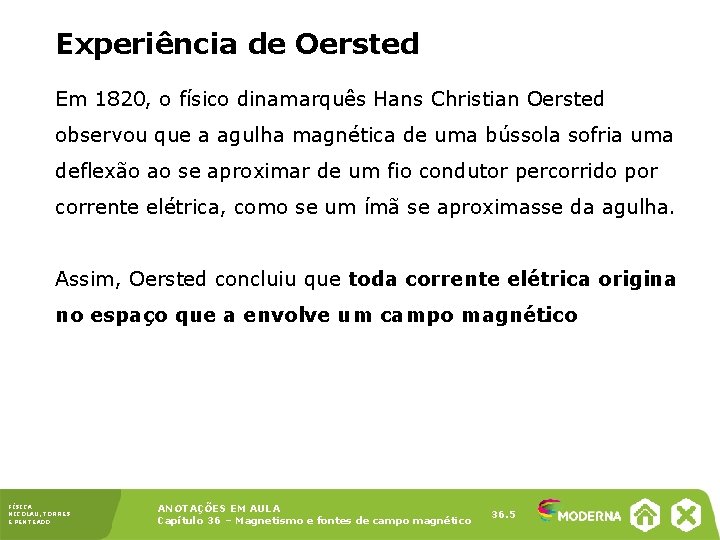 Experiência de Oersted Em 1820, o físico dinamarquês Hans Christian Oersted observou que a