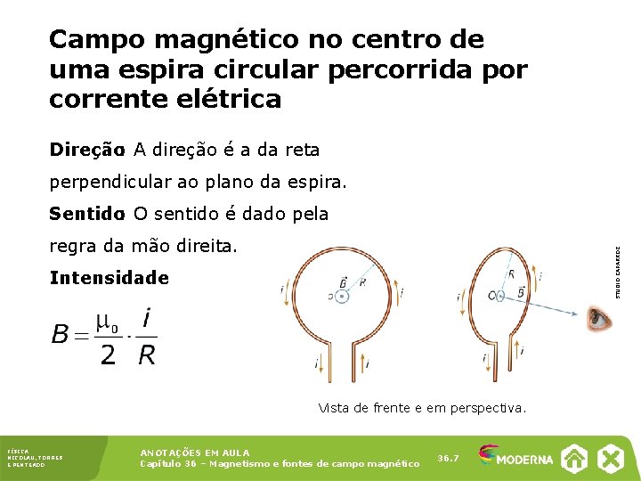 Campo magnético no centro de uma espira circular percorrida por corrente elétrica Direção: A