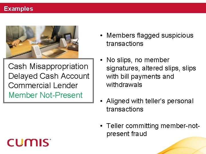 Examples • Members flagged suspicious transactions Cash Misappropriation Delayed Cash Account Commercial Lender Member