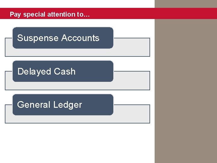 Pay special attention to… Suspense Accounts Delayed Cash General Ledger 
