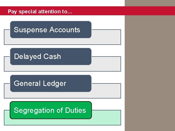 Pay special attention to… Suspense Accounts Delayed Cash General Ledger Segregation of Duties 