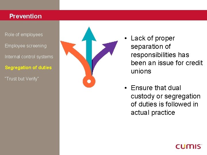 Prevention Role of employees Employee screening Internal control systems Segregation of duties • Lack