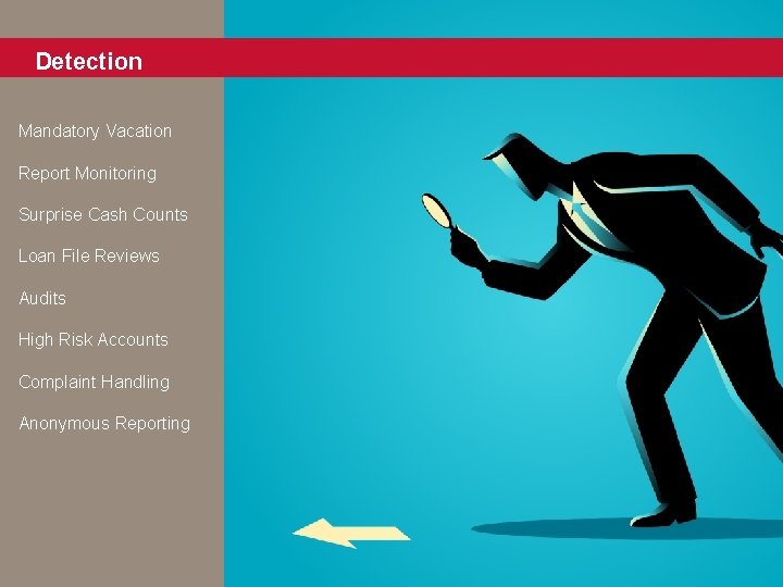 Detection Mandatory Vacation Report Monitoring Surprise Cash Counts Loan File Reviews Audits High Risk