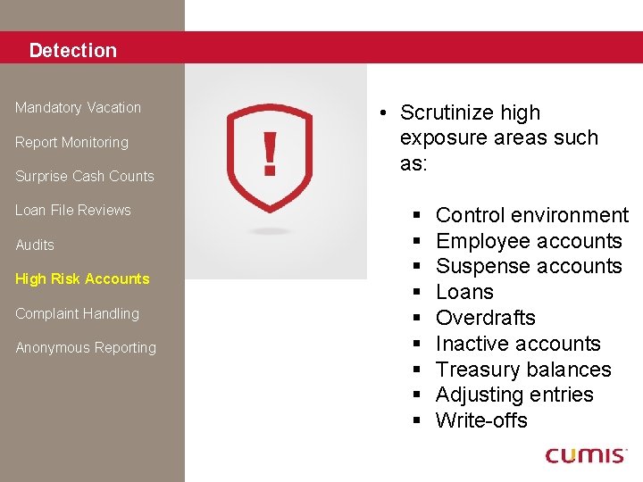 Detection Mandatory Vacation Report Monitoring Surprise Cash Counts Loan File Reviews Audits High Risk