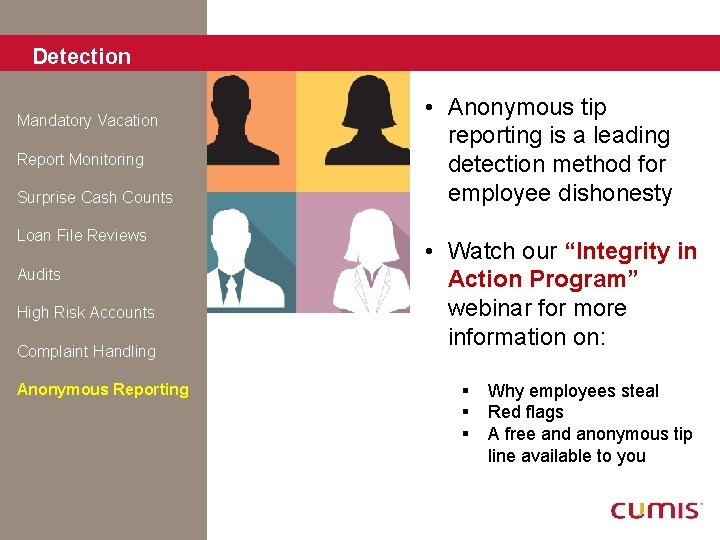 Detection Mandatory Vacation Report Monitoring Surprise Cash Counts Loan File Reviews Audits High Risk