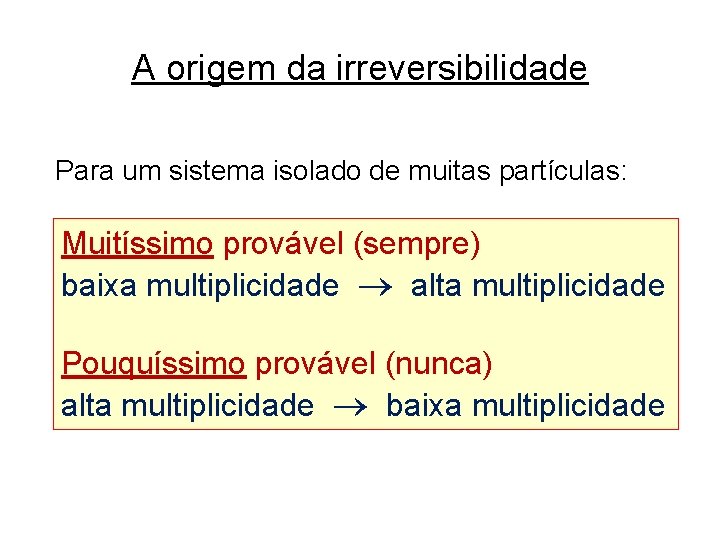 A origem da irreversibilidade Para um sistema isolado de muitas partículas: Muitíssimo provável (sempre)