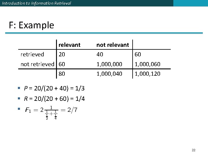 Introduction to Information Retrieval F: Example relevant not relevant 20 40 60 not retrieved