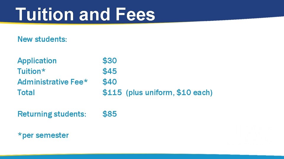 Tuition and Fees New students: Application Tuition* Administrative Fee* Total $30 $45 $40 $115