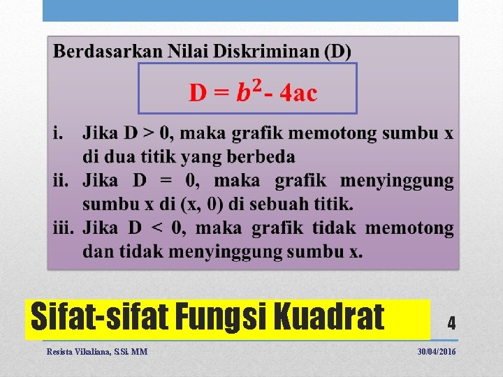  Sifat-sifat Fungsi Kuadrat Resista Vikaliana, S. Si. MM 4 30/04/2016 