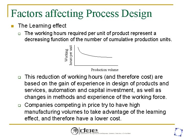 Factors affecting Process Design The Learning effect q The working hours required per unit