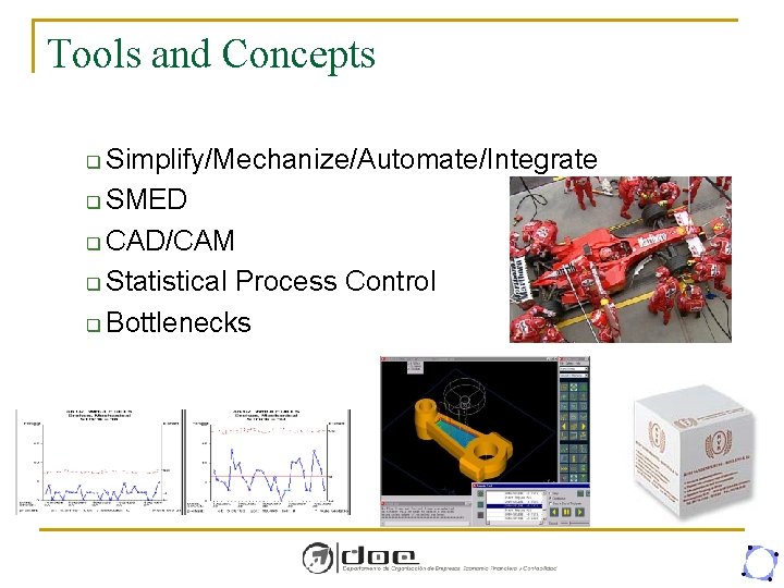 Tools and Concepts Simplify/Mechanize/Automate/Integrate q SMED q CAD/CAM q Statistical Process Control q Bottlenecks