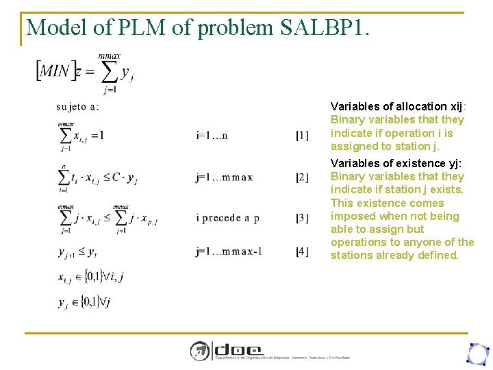 Model of PLM of problem SALBP 1. Variables of allocation xij: Binary variables that