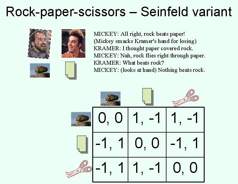 Rock-paper-scissors – Seinfeld variant MICKEY: All right, rock beats paper! (Mickey smacks Kramer's hand