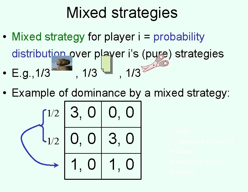 Mixed strategies • Mixed strategy for player i = probability distribution over player i’s