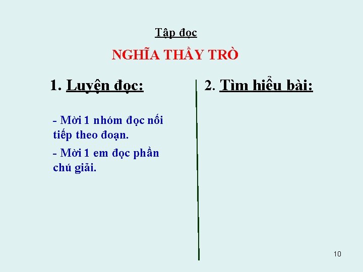 Tập đọc NGHĨA THẦY TRÒ 1. Luyện đọc: 2. Tìm hiểu bài: - Mời