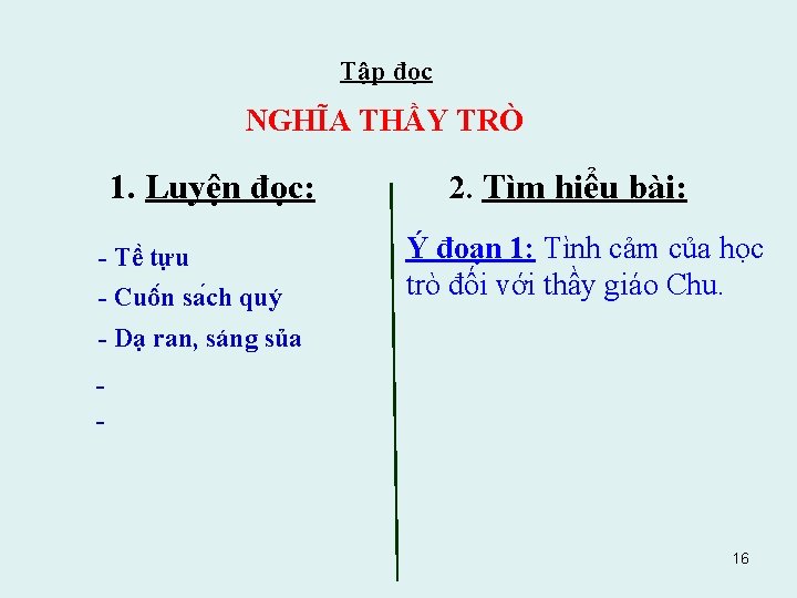 Tập đọc NGHĨA THẦY TRÒ 1. Luyện đọc: - Tê tư u - Cuô