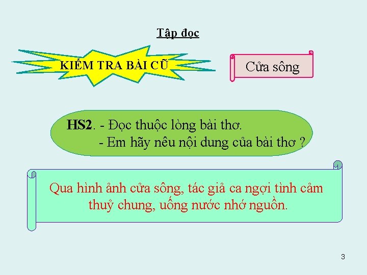 Tập đọc KIỂM TRA BÀI CŨ Cửa sông HS 2. - Đọc thuộc lòng