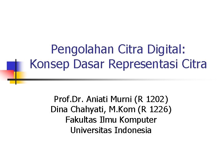 Pengolahan Citra Digital: Konsep Dasar Representasi Citra Prof. Dr. Aniati Murni (R 1202) Dina