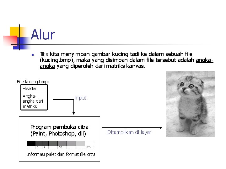 Alur n Jika kita menyimpan gambar kucing tadi ke dalam sebuah file (kucing. bmp),