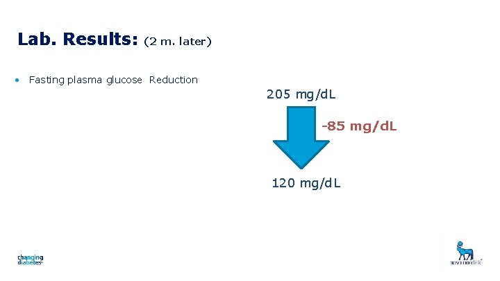 Lab. Results: (2 m. later) • Fasting plasma glucose Reduction 205 mg/d. L -85