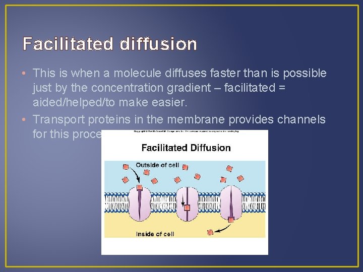 Facilitated diffusion • This is when a molecule diffuses faster than is possible just