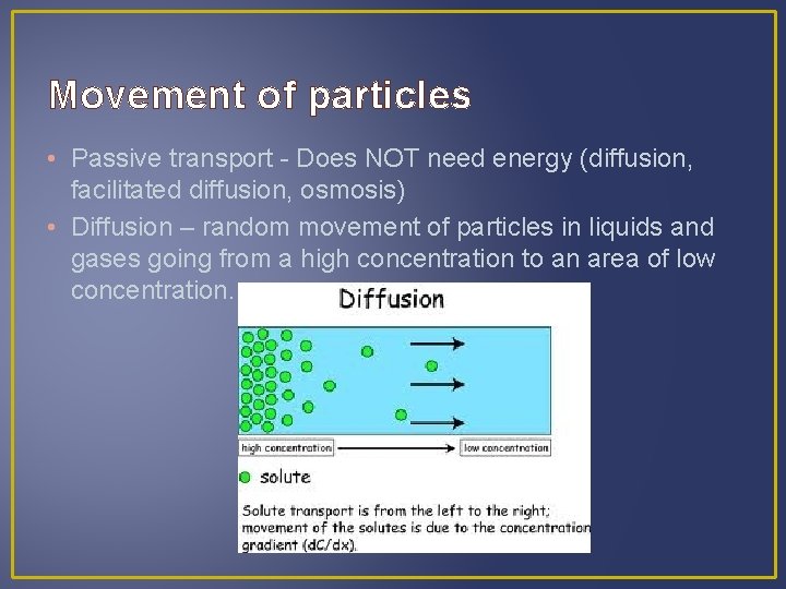 Movement of particles • Passive transport - Does NOT need energy (diffusion, facilitated diffusion,