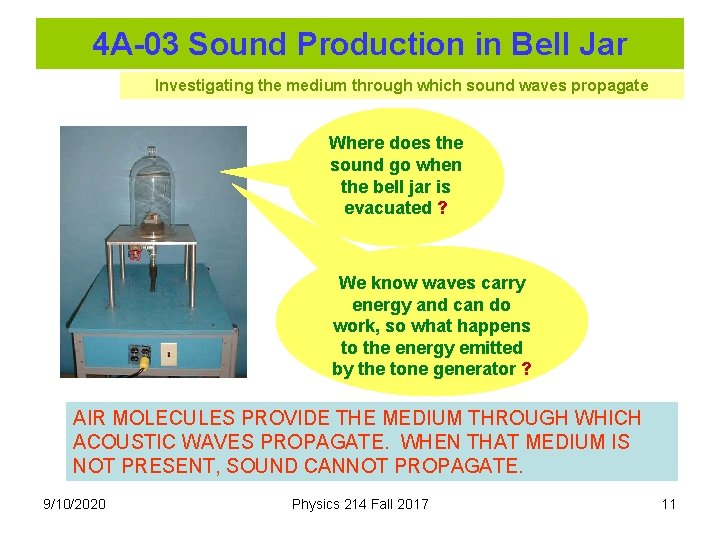 4 A-03 Sound Production in Bell Jar Investigating the medium through which sound waves 4 A-03 Sound Production in Bell Jar Investigating the medium through which sound waves