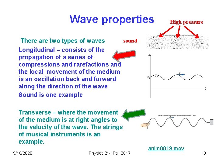 Wave properties High pressure sound There are two types of waves Longitudinal – consists Wave properties High pressure sound There are two types of waves Longitudinal – consists