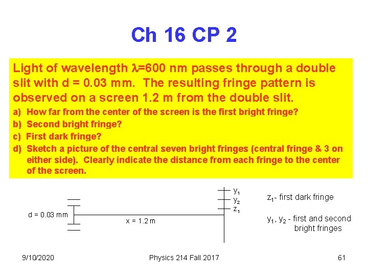 Ch 16 CP 2 Light of wavelength =600 nm passes through a double slit Ch 16 CP 2 Light of wavelength =600 nm passes through a double slit
