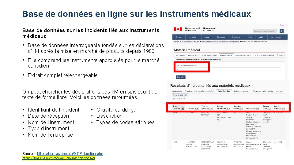 Base de données en ligne sur les instruments médicaux Base de données sur les