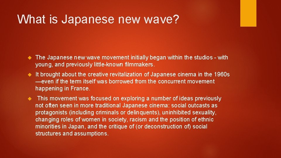 What is Japanese new wave? The Japanese new wave movement initially began within the What is Japanese new wave? The Japanese new wave movement initially began within the