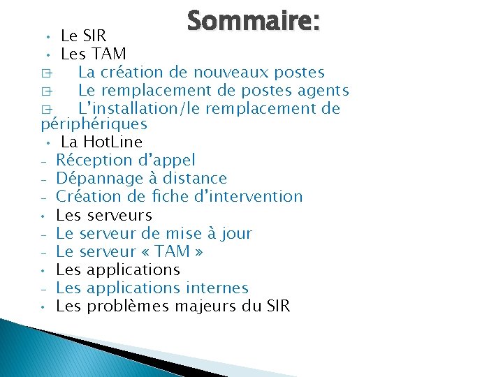 Sommaire: Le SIR • Les TAM � La création de nouveaux postes � Le Sommaire: Le SIR • Les TAM � La création de nouveaux postes � Le