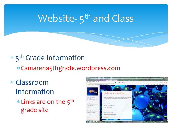 Website- 5 th and Class 5 th Grade Information Camarena 5 thgrade. wordpress. com