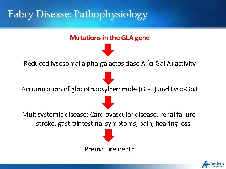 Fabry Disease: Pathophysiology Mutations in the GLA gene Reduced lysosomal alpha-galactosidase A (α-Gal A)