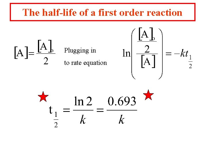 The half-life of a first order reaction Plugging in to rate equation 